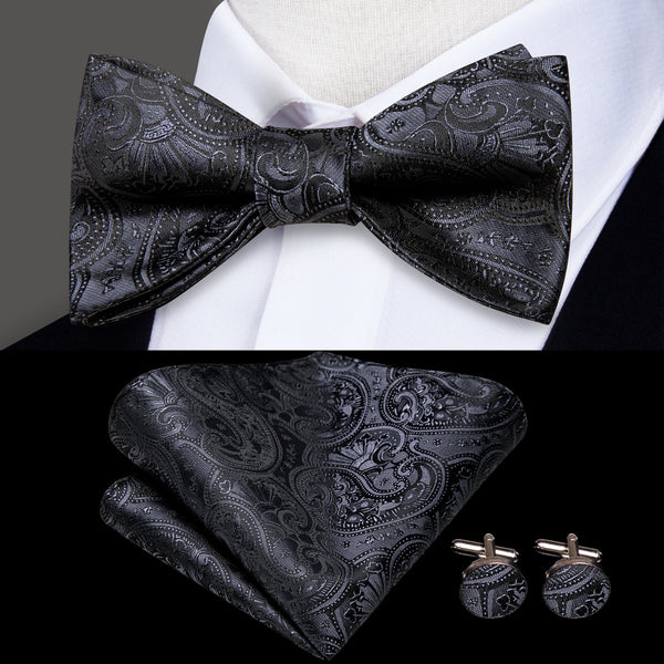 Black Paisley Self-tied Bow Tie Pocket Square Cufflinks Set