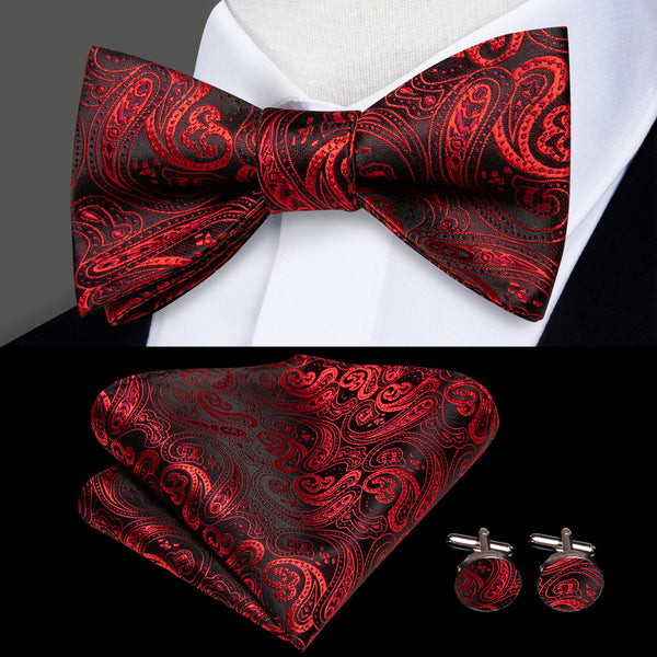Black Red Paisley Self-tied Bow Tie Pocket Square Cufflinks Set