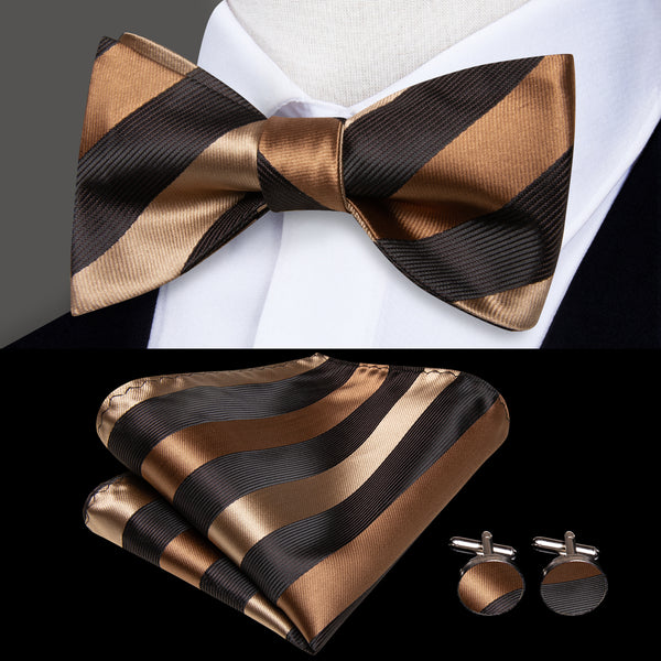 Black Brown Striped Self-tied Bow Tie Pocket Square Cufflinks Set