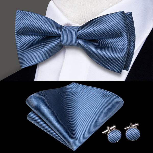 Denim Blue Striped Men's Pre-tied Bowtie Pocket Square Cufflinks Set