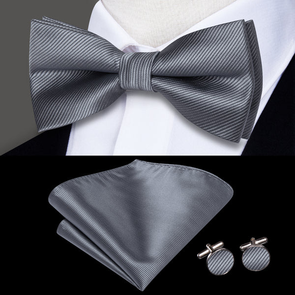 Silver Grey Striped Men's Pre-tied Bowtie Pocket Square Cufflinks Set