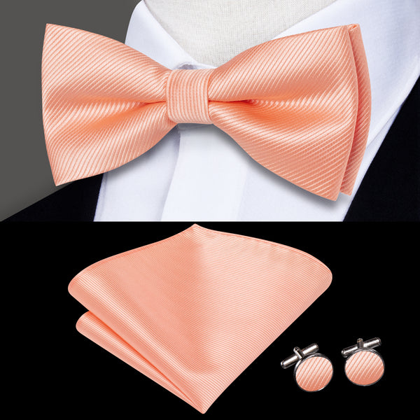 Light Pink Striped Men's Pre-tied Bowtie Pocket Square Cufflinks Set