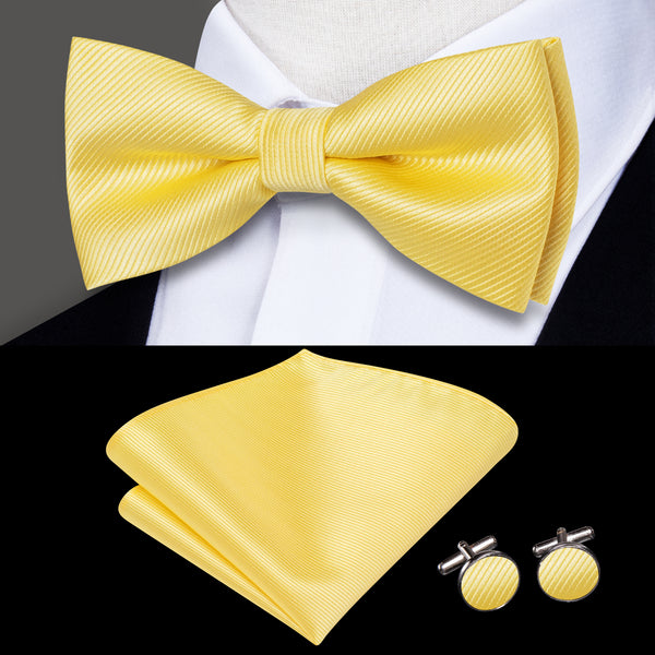 Light Yellow Striped Men's Pre-tied Bowtie Pocket Square Cufflinks Set