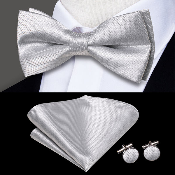 Silver White Solid Men's Pre-tied Bowtie Pocket Square Cufflinks Set