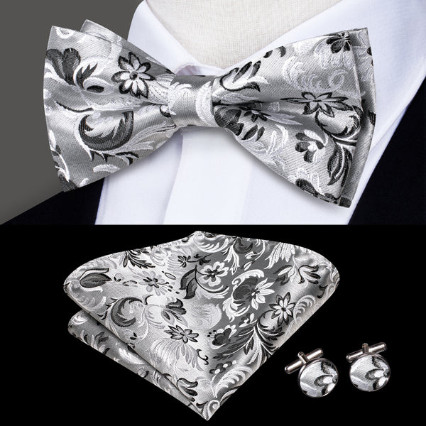 Silver Grey Floral Men's Pre-tied Bowtie Pocket Square Cufflinks Set