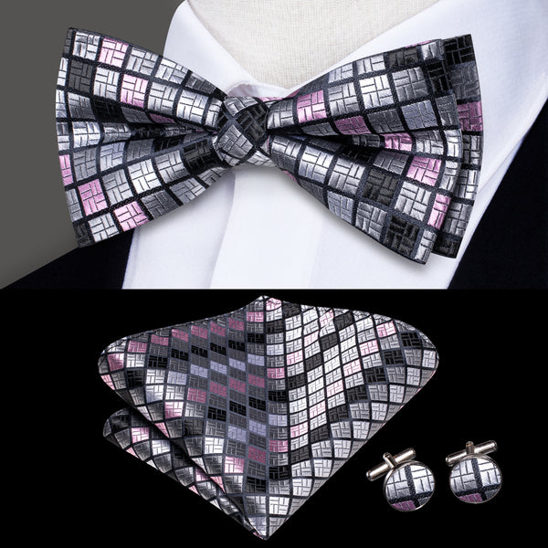 Silver Grey Pink Plaid Men's Pre-tied Bowtie Pocket Square Cufflinks Set