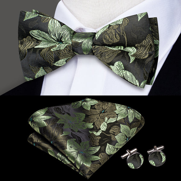 Dark Brown Green Floral Men's Pre-tied Bowtie Pocket Square Cufflinks Set