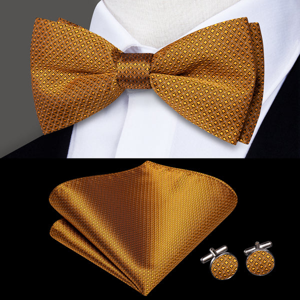 Golden Plaid Men's Pre-tied Bowtie Pocket Square Cufflinks Set