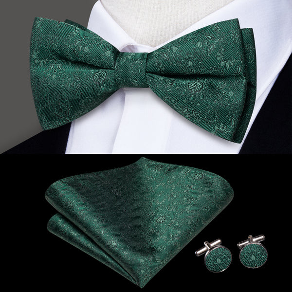 Dark Green Floral Men's Pre-tied Bowtie Pocket Square Cufflinks Set