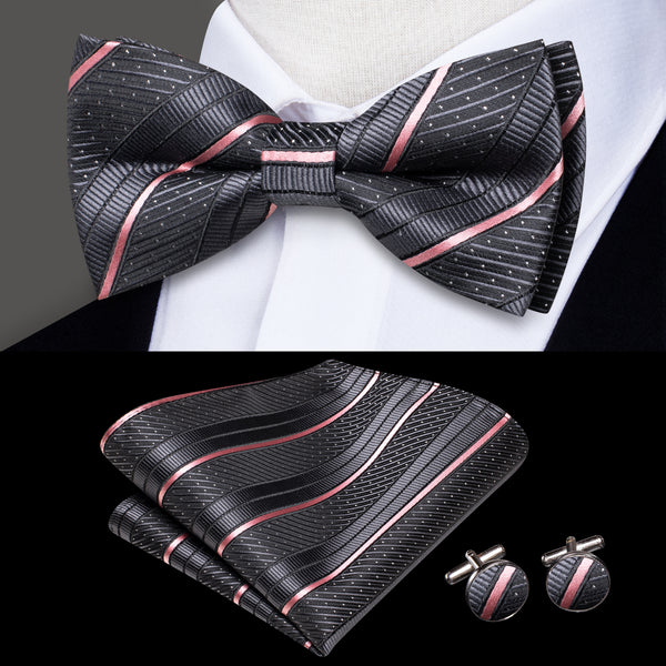 Dark Grey Striped Men's Pre-tied Bowtie Pocket Square Cufflinks Set