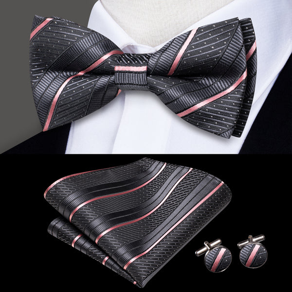 Ties2you Men's Striped Pre-tied Bow Tie Grey Business Bowtie Handkerchief Cufflinks Set