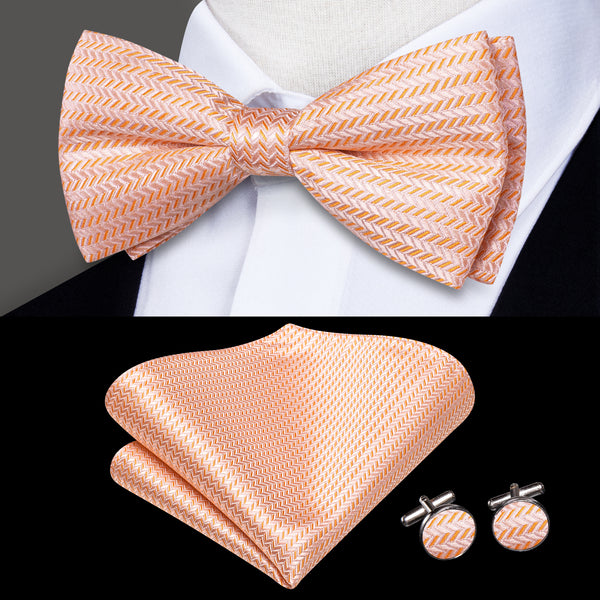 Pink Striped Men's Pre-tied Bowtie Pocket Square Cufflinks Set