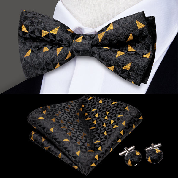 Black Golden Geometry Novelty Men's Pre-tied Bowtie Pocket Square Cufflinks Set