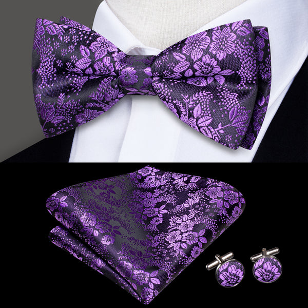 Dark Purple Floral Men's Pre-tied Bowtie Pocket Square Cufflinks Set