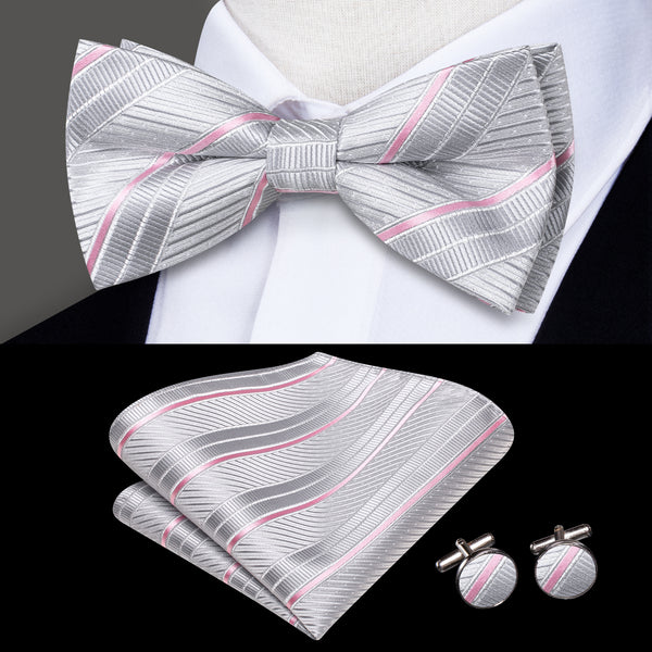 Silver Gery Pink Striped Men's Pre-tied Bowtie Pocket Square Cufflinks Set