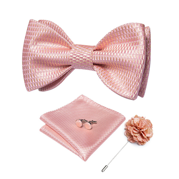 Pink Plaid Self-Bowtie Pocket Square Cufflinks Set with Lapel Pin