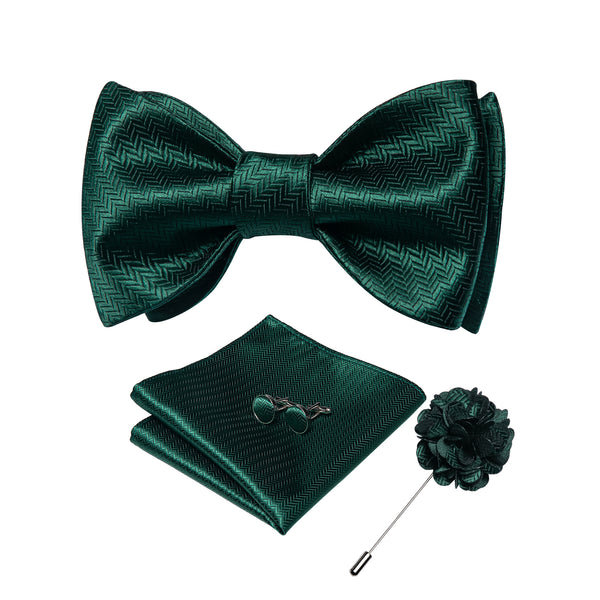Green Geometric Self-tied Bow Tie Pocket Square Cufflinks Set with Lapel Pin