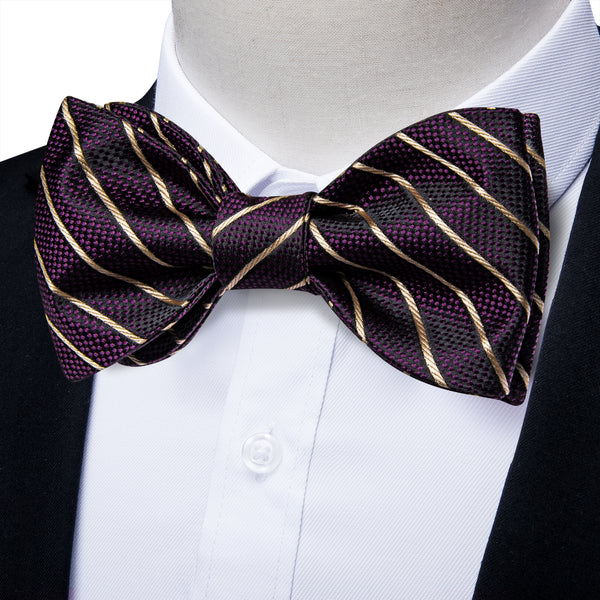 Black Purple Striped Self-tied Bow Tie Pocket Square Cufflinks Set