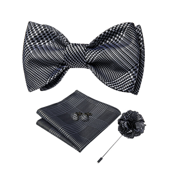 Black Novelty Houndstooth Self-tied Bow Tie Pocket Square Cufflinks Set with Lapel Pin