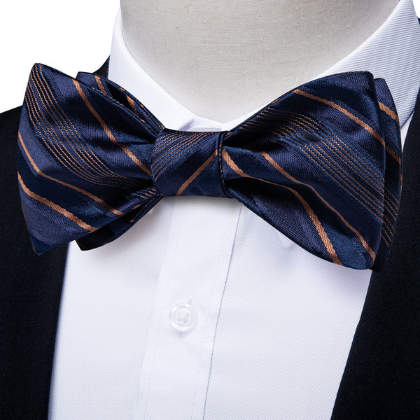 Navy-Blue Golden Striped Self-tied Bow Tie Pocket Square Cufflinks Set