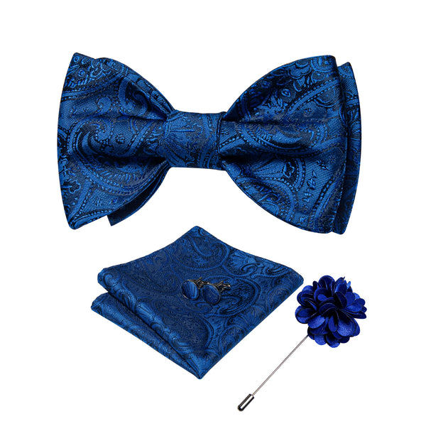 Blue Paisley Self-tied Bow Tie Pocket Square Cufflinks Set with Lapel Pin