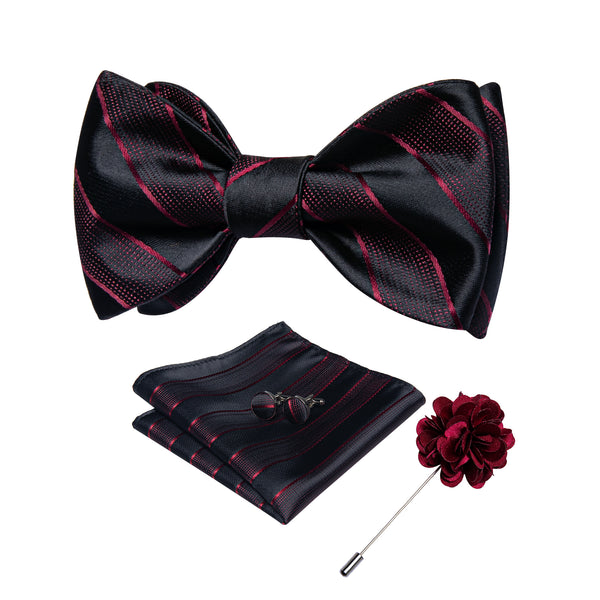 Red Black Paisley Self-tied Bow Tie Pocket Square Cufflinks Set with Lapel Pin