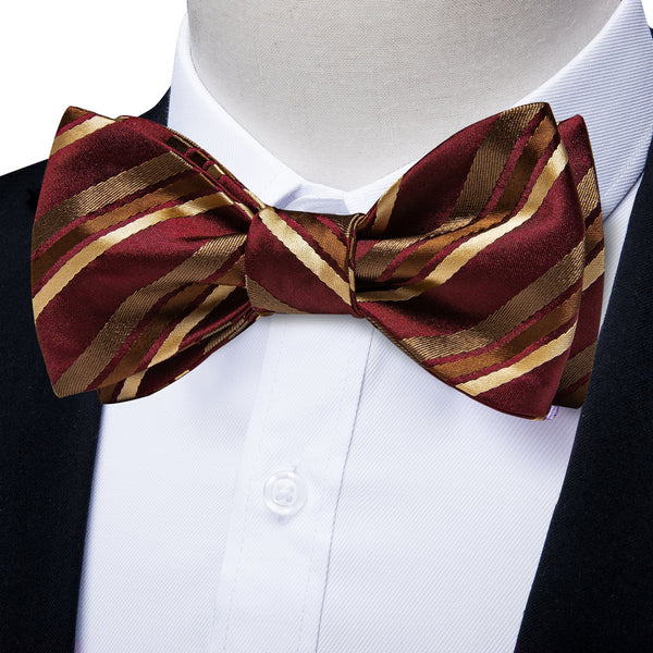 Brown Gold Striped Silk Self-tied Bow Tie Pocket Square Cufflinks Set