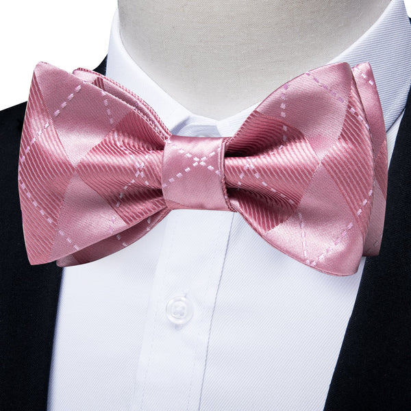 Pink Plaid Self-tied Bow Tie Hanky Cufflinks Set