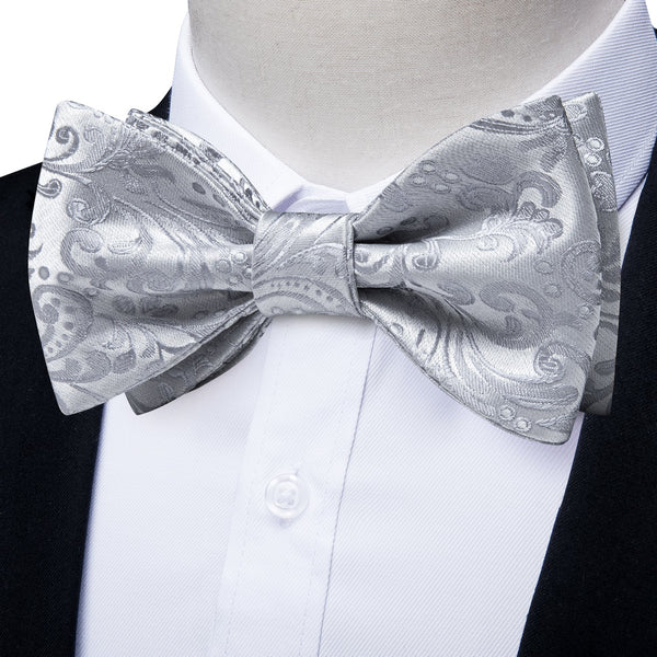 Silver Paisley Self-tied Bow Tie Pocket Square Cufflinks Set