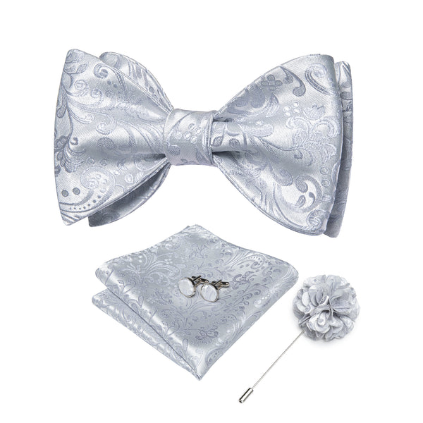 Silver Paisley Self-tied Bow Tie Pocket Square Cufflinks Set with Lapel Pin