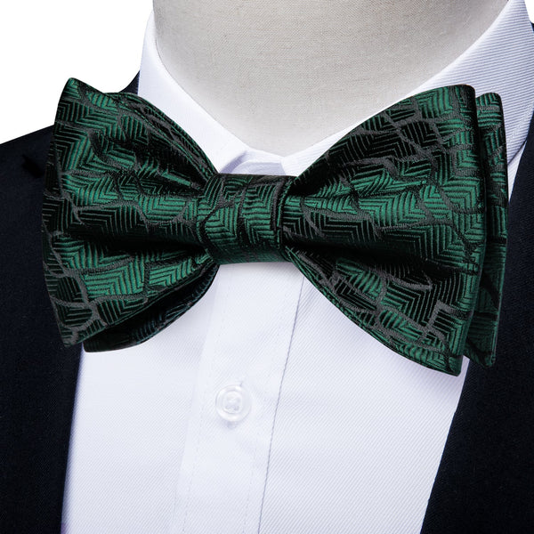 Green Black Striped Self-tied Bow Tie Hanky Cufflinks Set