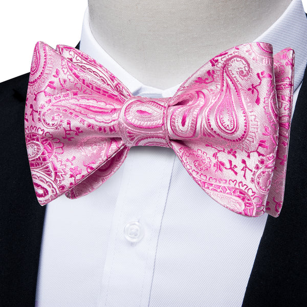 White Pink Paisley Self-tied Bow Tie Hanky Cufflinks Set