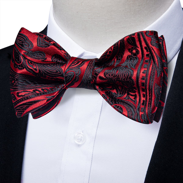 Red Black Paisley Self-tied Silk Bow Tie Pocket Square Cufflinks Set