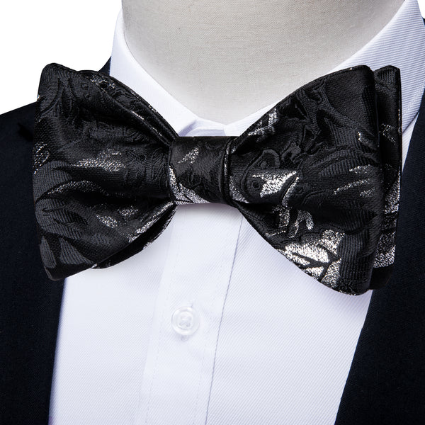 Black White Floral Self-tied Bow Tie Pocket Square Cufflinks Set
