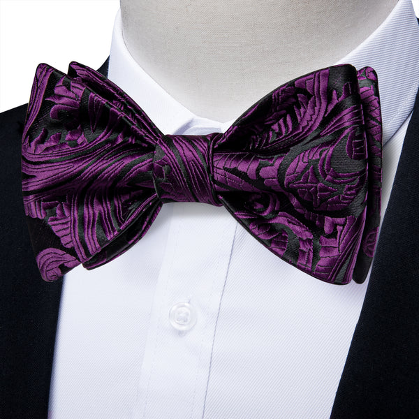 Black Purple Paisley Self-tied Bow Tie Pocket Square Cufflinks Set