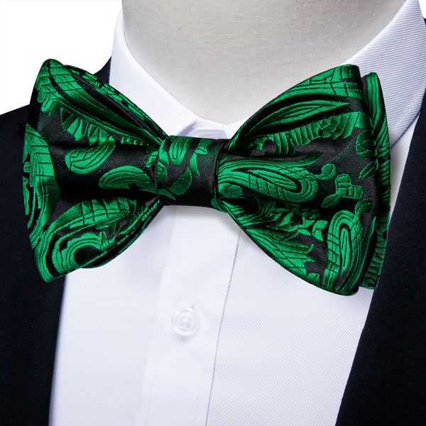 Dark Green Paisley Self-tied Bow Tie Pocket Square Cufflinks Set