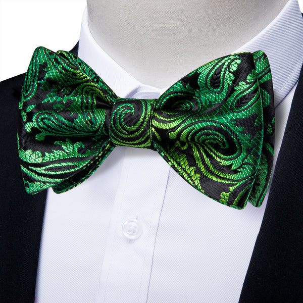 Black Gradient Green Paisley Self-tied Bow Tie Pocket Square Cufflinks Set