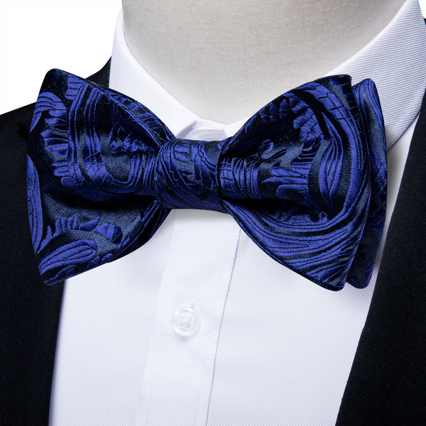Dark Blue Paisley Self-tied Bow Tie Pocket Square Cufflinks Set