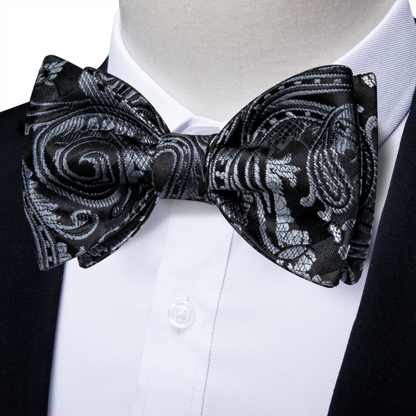 Black Gradient Silver Paisley Self-tied Bow Tie Pocket Square Cufflinks Set