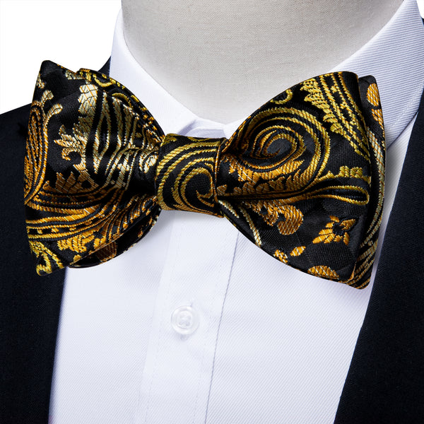Black Gradient Golden Paisley Self-tied Bow Tie Pocket Square Cufflinks Set