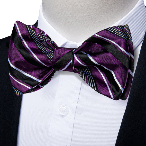Purple Black Striped Self-tied Bow Tie Pocket Square Cufflinks Set