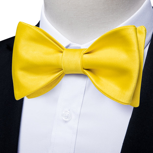 Pure Yellow Solid Self-tied Silk Bow Tie Pocket Square Cufflinks Set