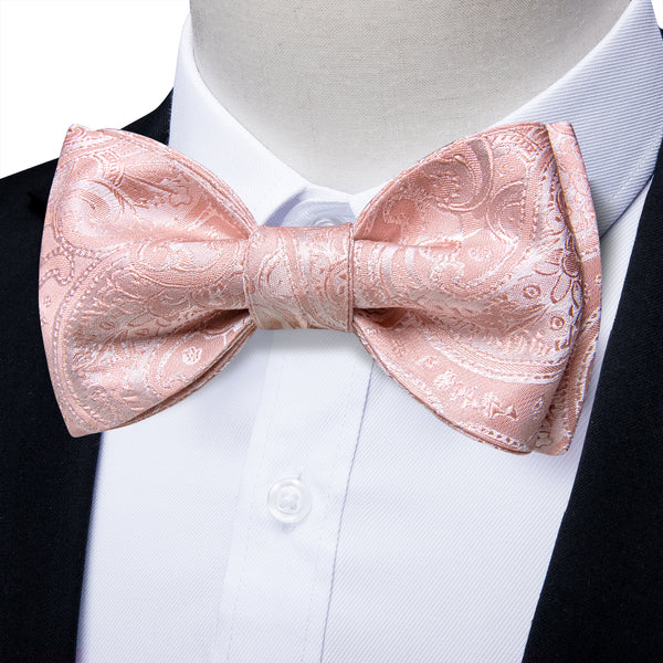 Baby Pink White Paisley Self-tied Bow Tie Pocket Square Cufflinks Set