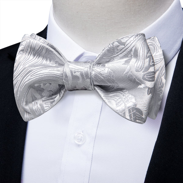 Silver Grey Paisley Self-tied Bow Tie Pocket Square Cufflinks Set