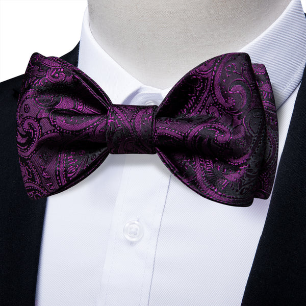 Dark Purple Paisley Self-tied Bow Tie Pocket Square Cufflinks Set