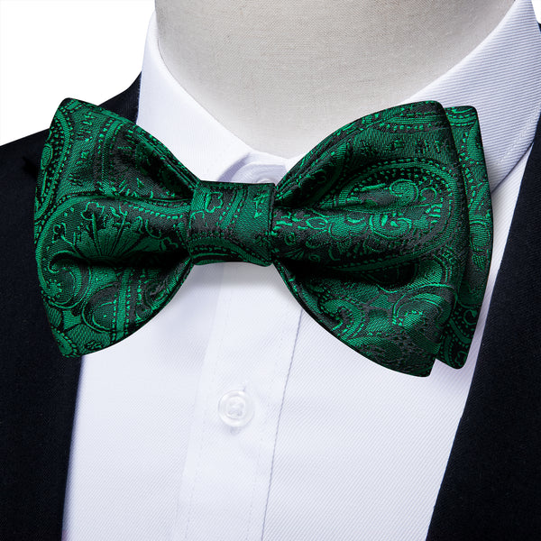 Dark Green Paisley Self-tied Bow Tie Pocket Square Cufflinks Set