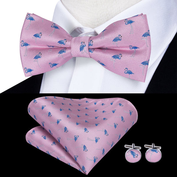 Blue flamingo Pink Pre-tied Bow Tie Hanky Cufflinks Set