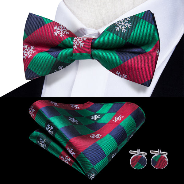 Green Blue Christmas Style Plaid Men's Pre-tied Bow Tie Hanky Cufflinks Set