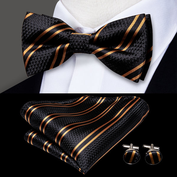 Ties2you Black Tie Golden Striped Pre-Tied Bow Tie Hanky Cufflinks Set