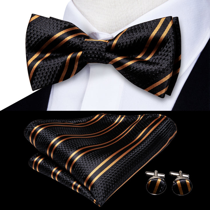 classic hot black gold striped bow tie hanky cufflink set for mens wedding or business